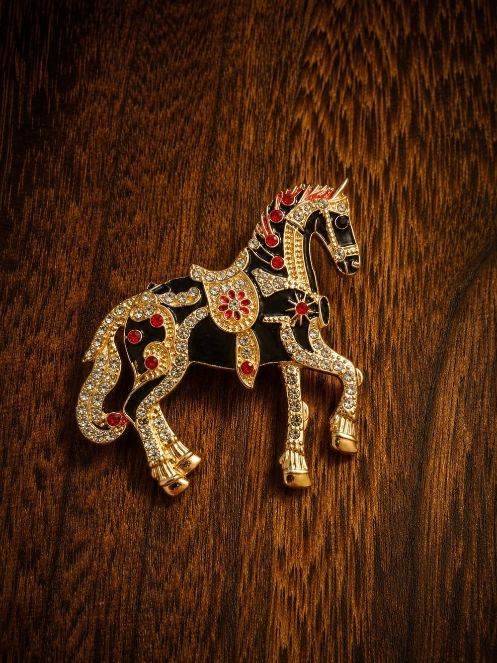Mint Gold-Tone Horse Brooch with Black Enamel and Red Accents